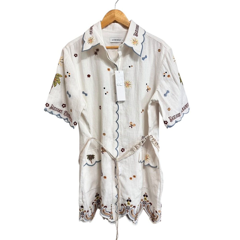 Antipodean Bombora‎ Mini Shirt Dress White Linen Embroidered Shell Belt 8 NEW
